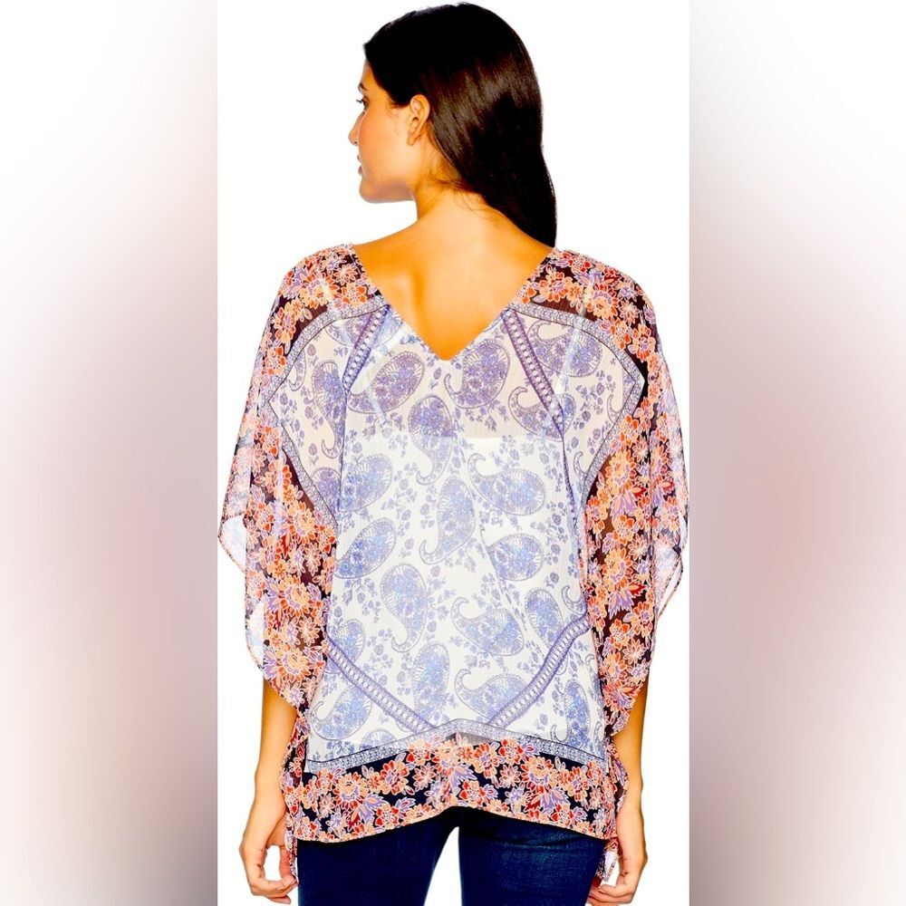 NYDJ Boho Caftan Top‎ Womens Blue Red Paisley Floral Oversized Chiffon Blouse M